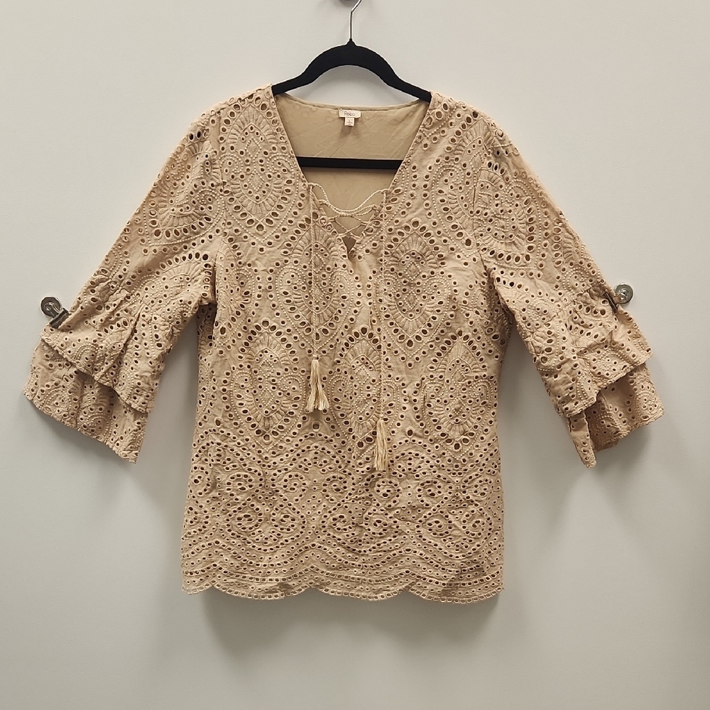 Reba Beige Eyelet Lace Top Large